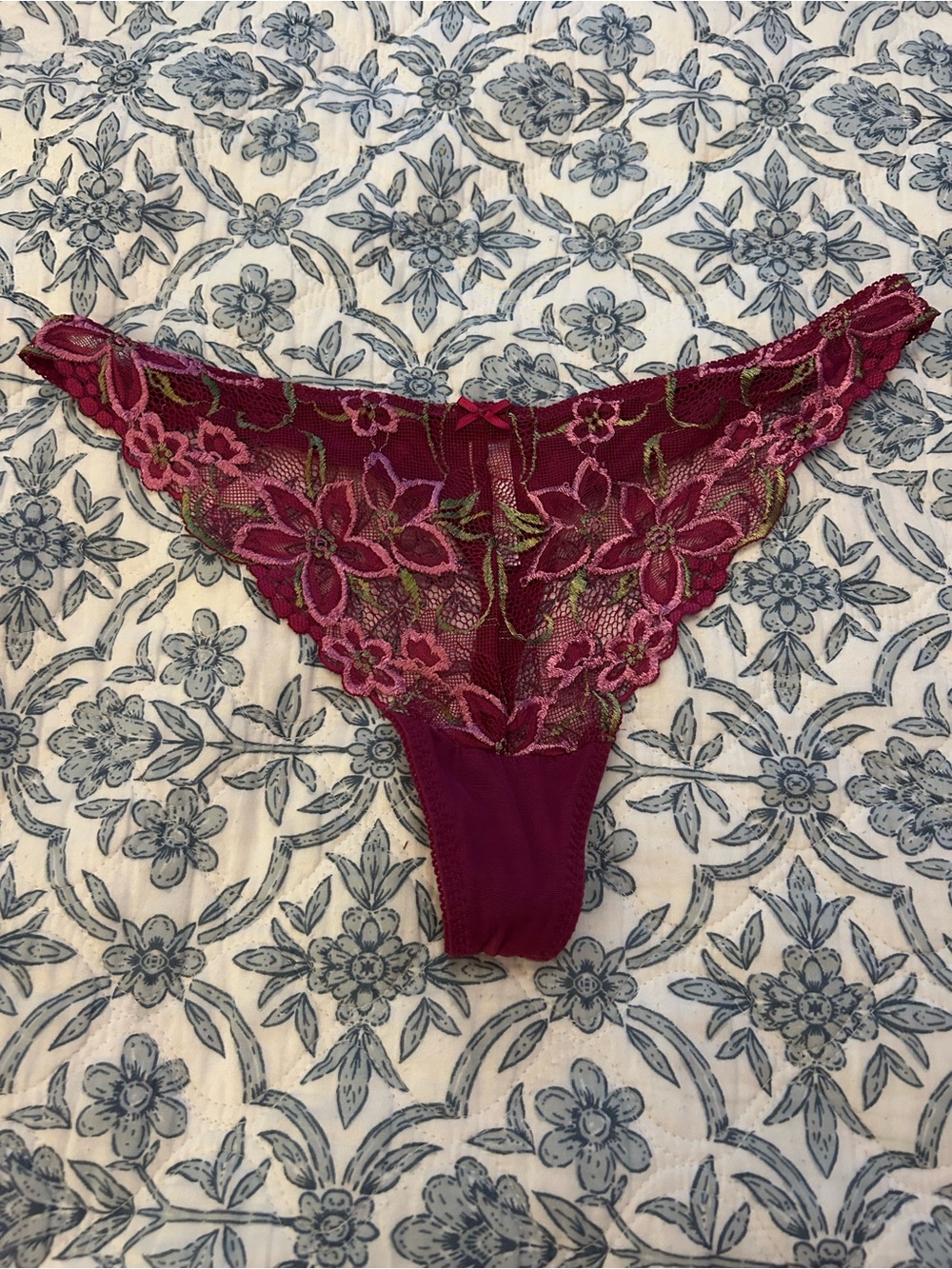 Floral Lace Thong Panty in Deep Berry